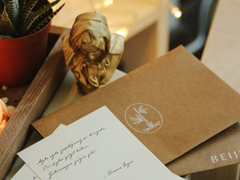 Warm desk with handwritten cards and letters